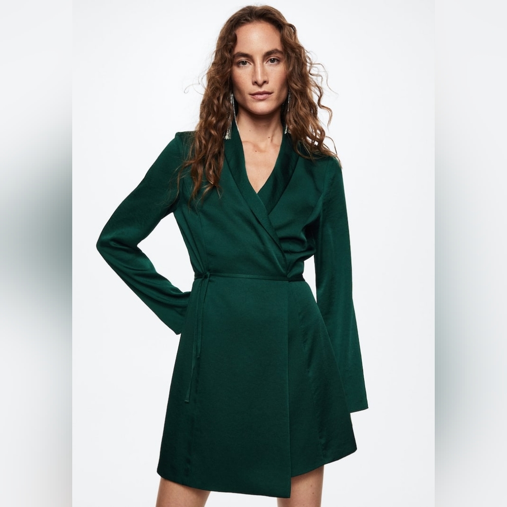 Mango Satin Wrap Dress in Green